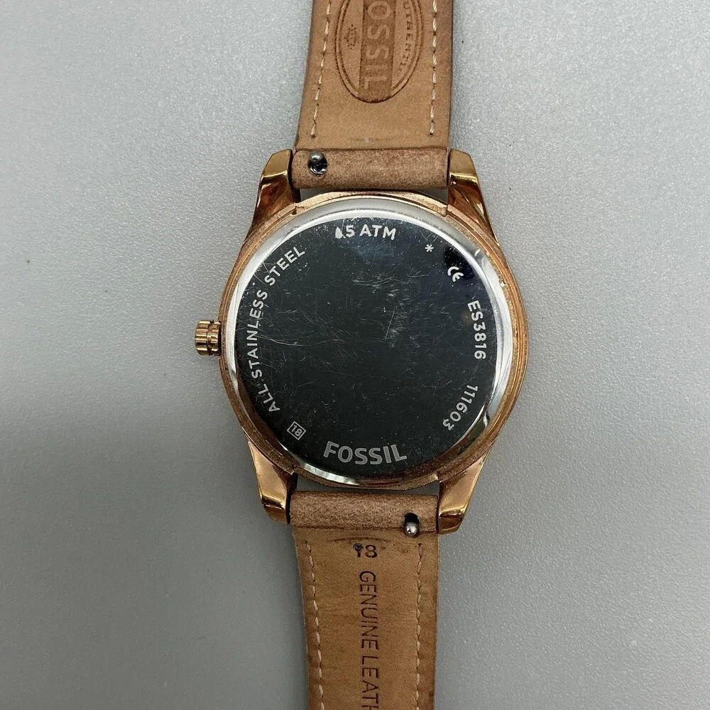 Fossil ES3816 Womens Watch 37mm Silver Tone Crystals Brown Leather New Battery